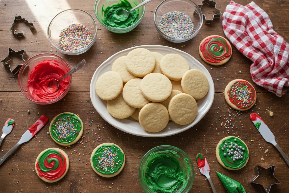 A table set up with plain sugar cookies, frosting, and sprinkles for decorating.