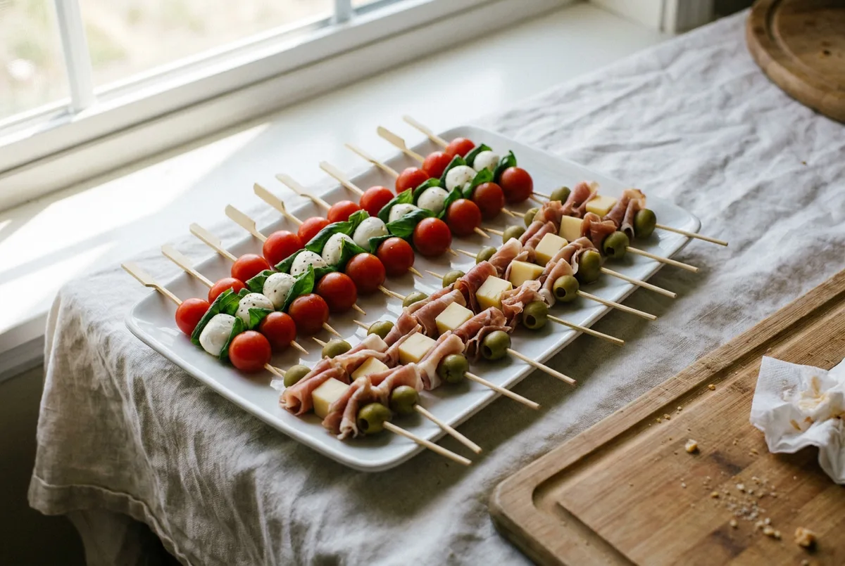 A platter of colorful appetizer skewers with cheese, tomato, and meat.