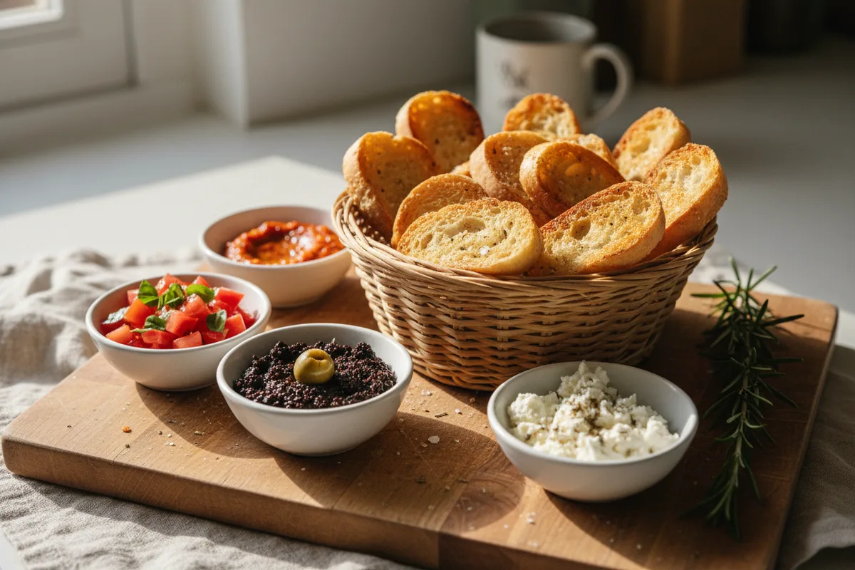 A station with toasted bread slices and bowls of different toppings.