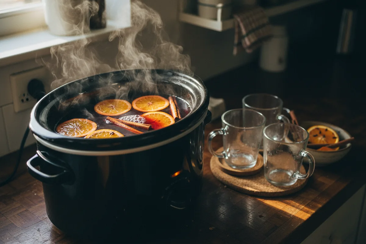 A slow cooker full of mulled wine with mugs and garnishes nearby.