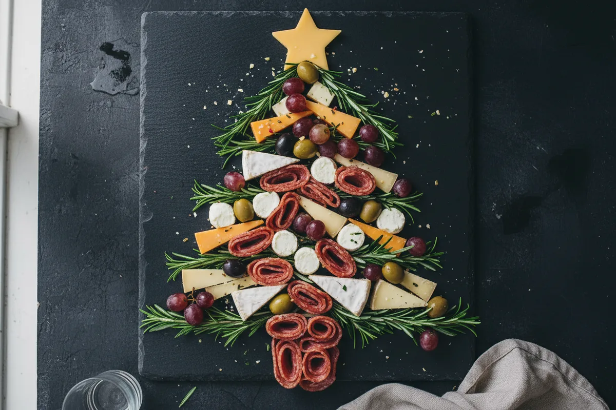 A charcuterie board arranged in the shape of a Christmas tree.