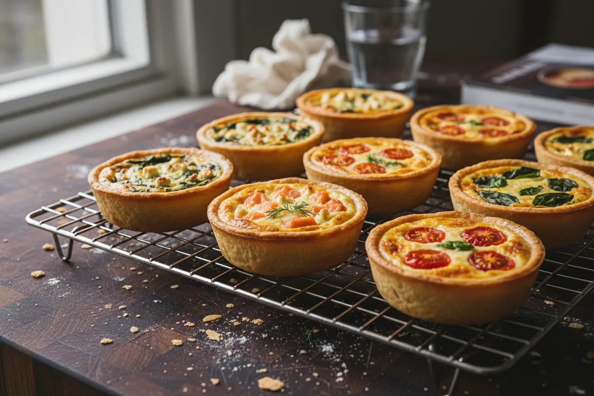 A cooling rack with rows of golden brown mini quiche bites.