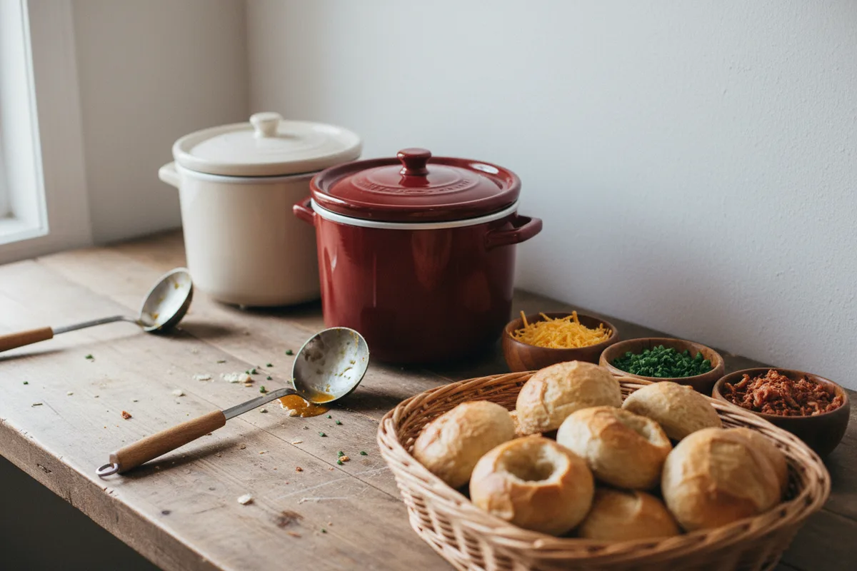 Two slow cookers with different soups, next to bread bowls and topping choices.