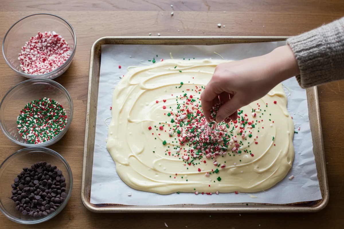 A baking sheet with melted chocolate being topped with crushed candy canes.