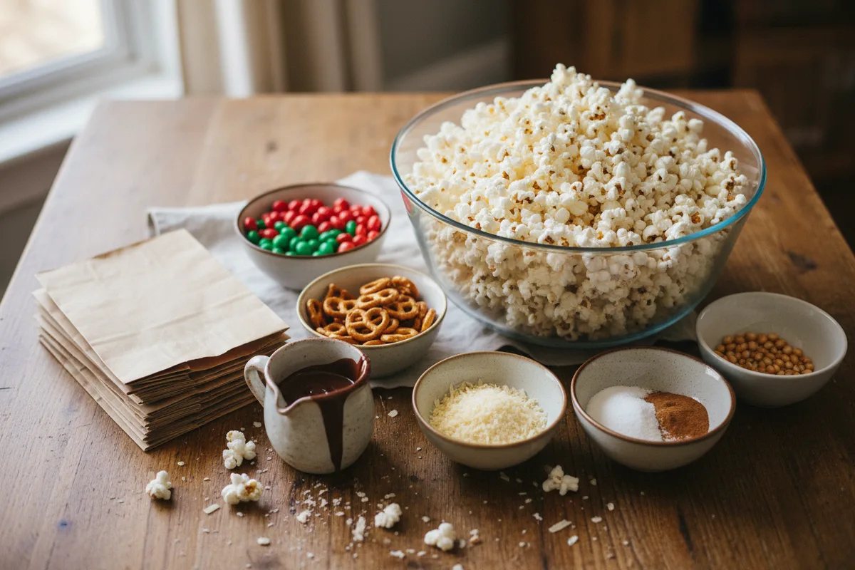 A large bowl of popcorn surrounded by smaller bowls of candy and savory toppings.