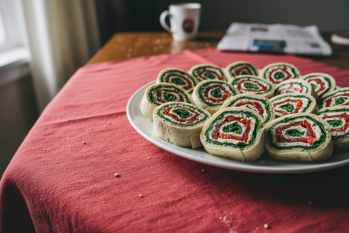 A round platter piled high with colorful pinwheel sandwiches.