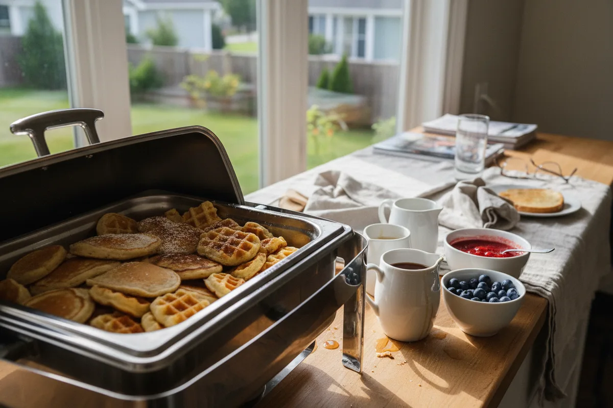 A warming tray with mini pancakes and waffles, with bowls of syrup and fruit.