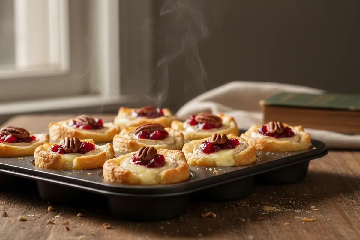 A close up of baked brie bites with cranberry sauce in a mini muffin tin.