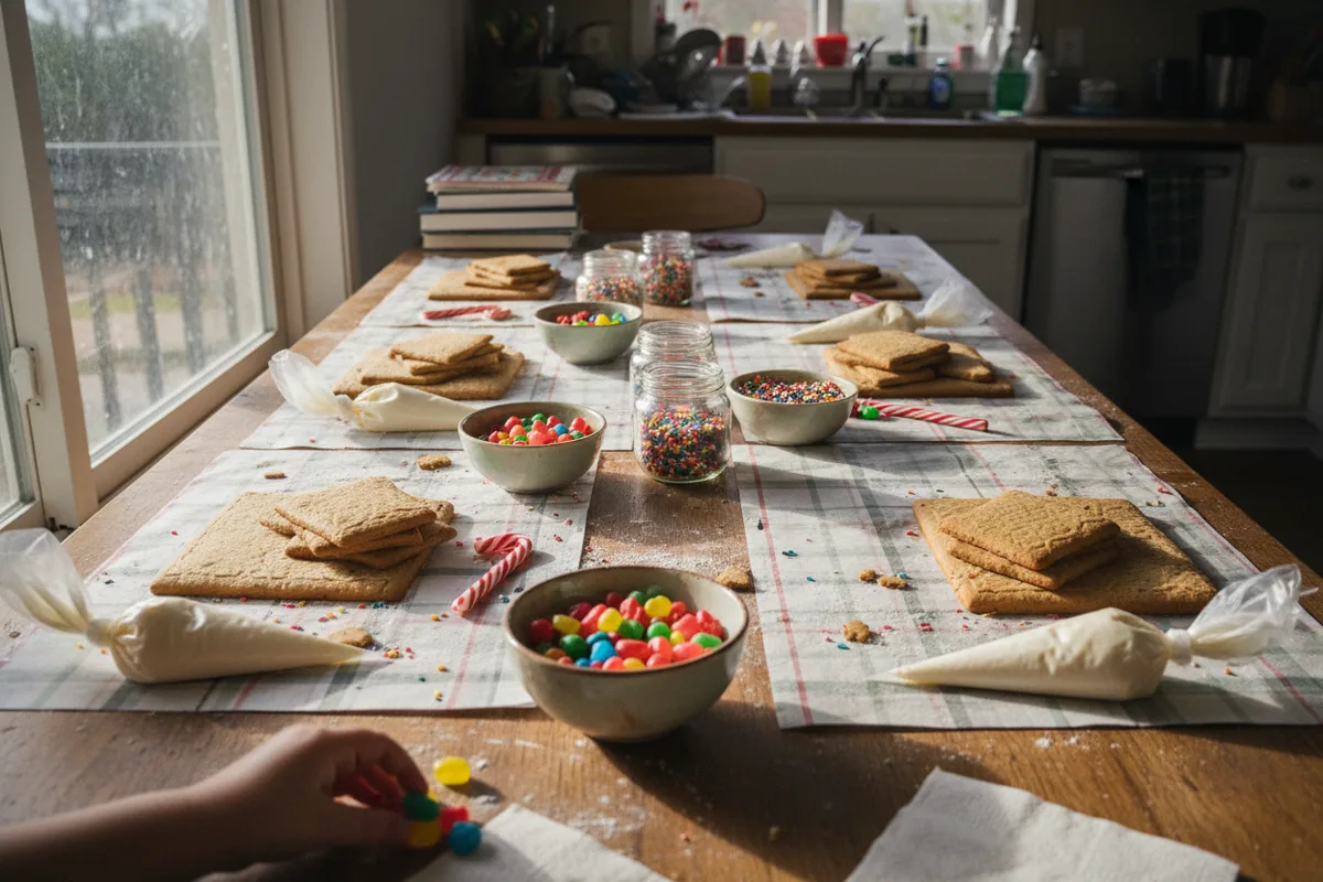 A table with several individual gingerbread house decorating kits ready for guests.