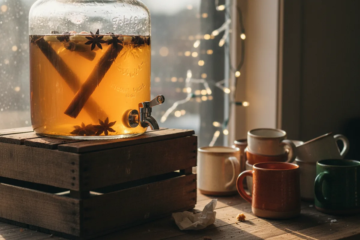 A large glass dispenser of hot apple cider with cinnamon sticks floating inside.