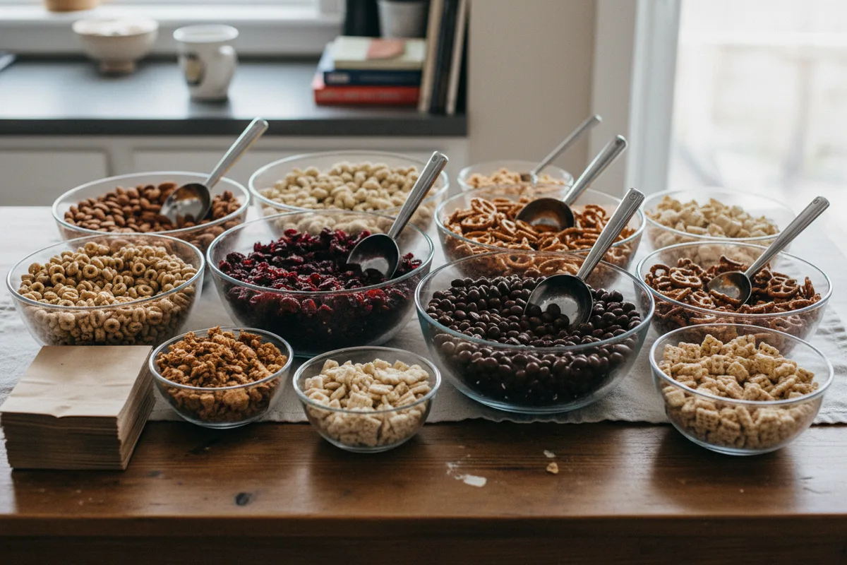 A table with large bowls of cereal and pretzels and small bowls of nuts and candy.