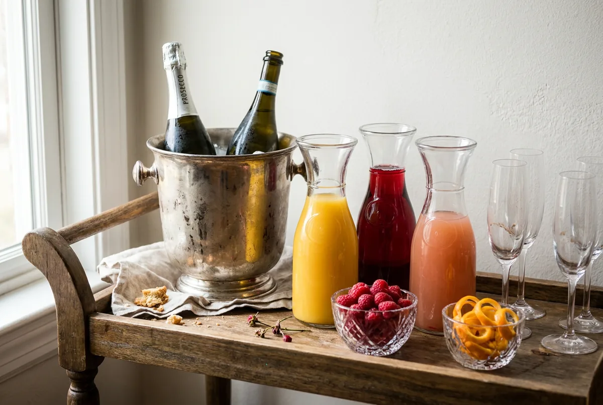 An ice bucket with sparkling wine and carafes of different colored juices.