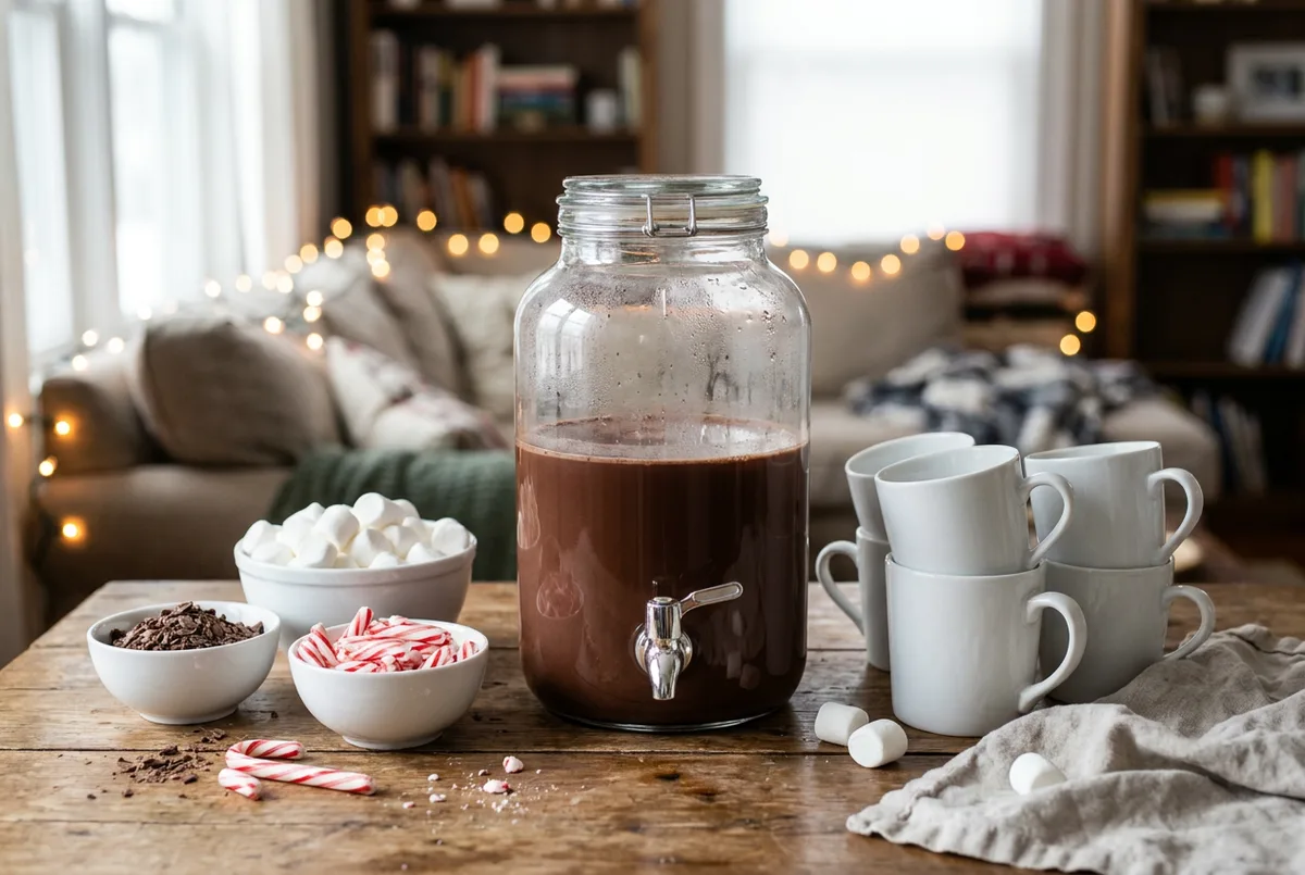 A hot cocoa bar on a wooden table with white mugs, bowls of marshmallows, chocolate chips, and peppermint sticks.