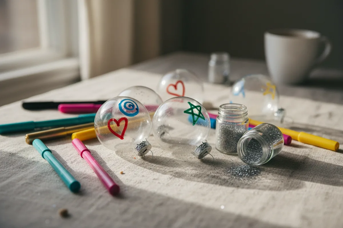 A table with clear glass ornaments, paint pens, and small pots of glitter for a party activity.