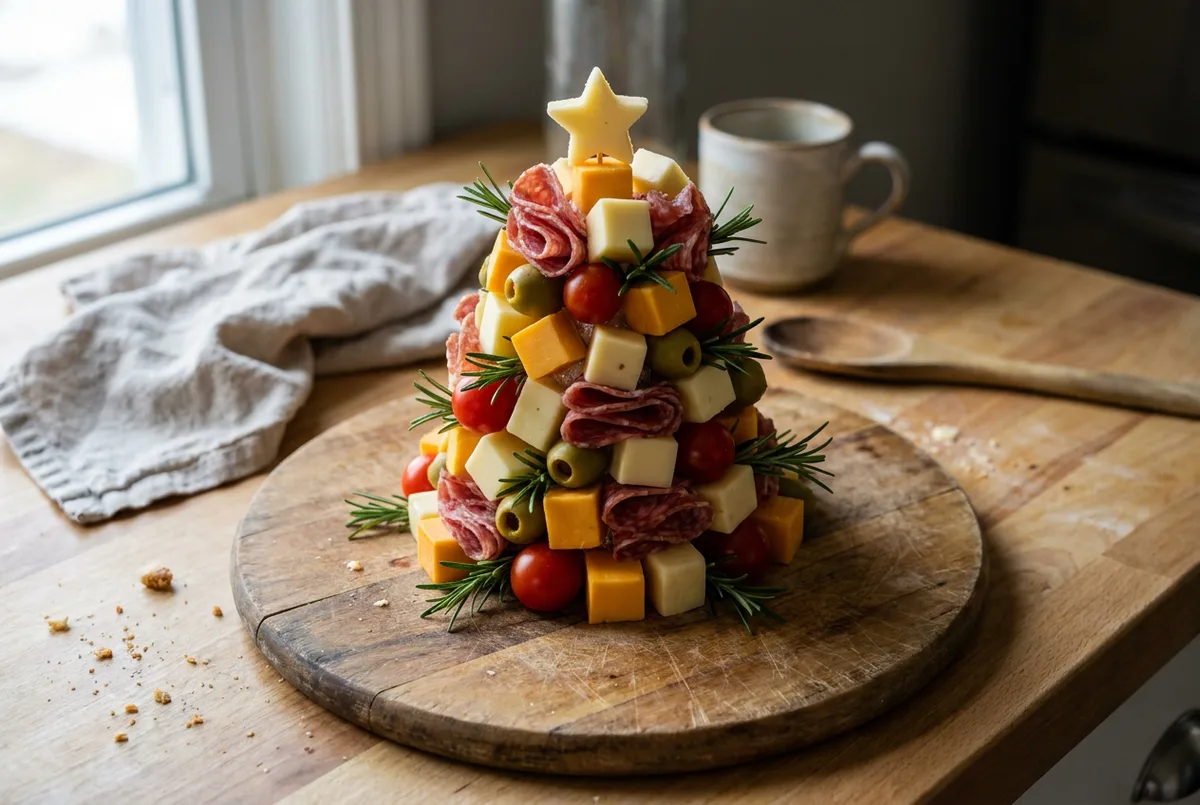 A cone-shaped appetizer tree made of cheese cubes, olives, and salami on a white platter.