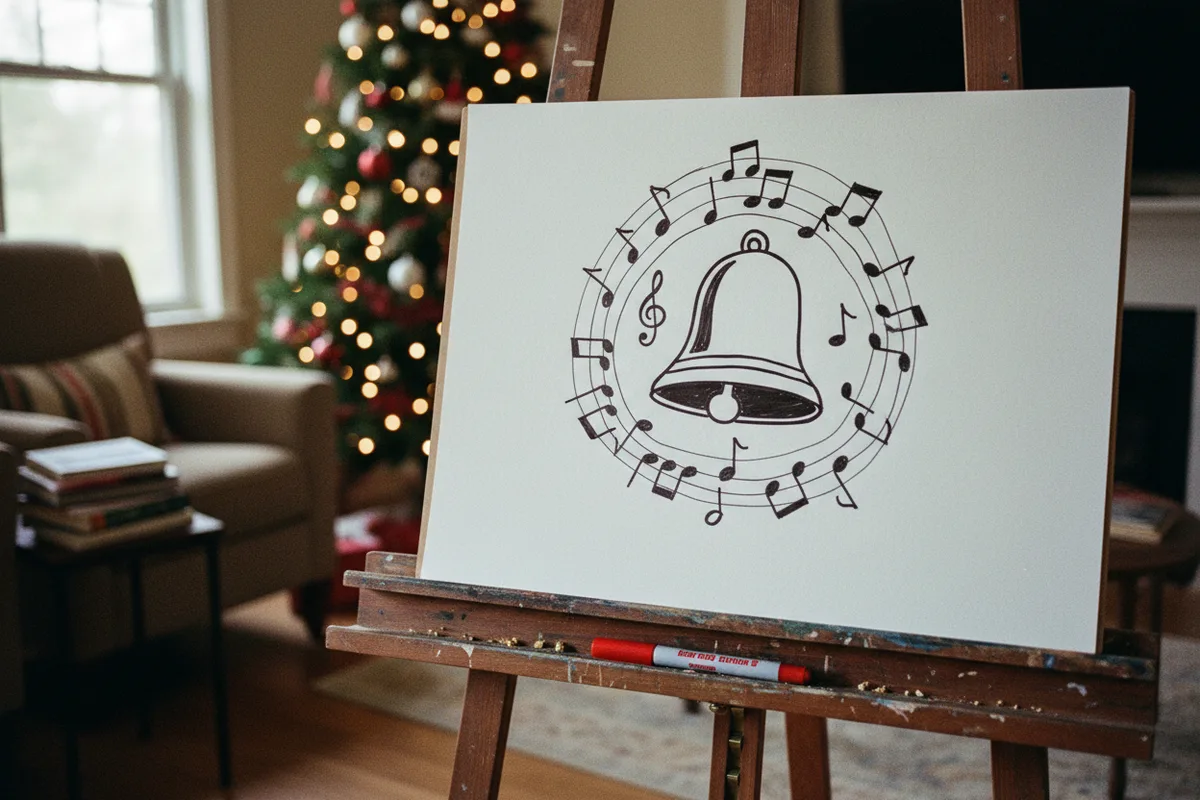 A white easel board with a drawing of a sleigh and reindeer for a game of Christmas Pictionary.
