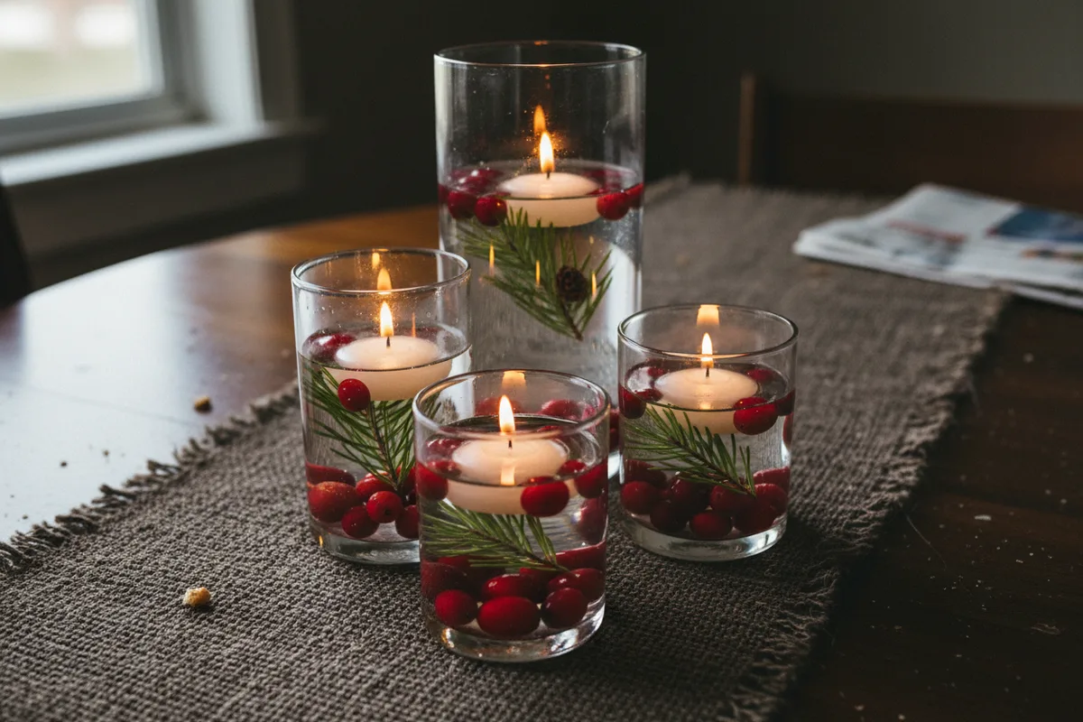 Glass bowls filled with water, cranberries, and floating white candles on a dining table.