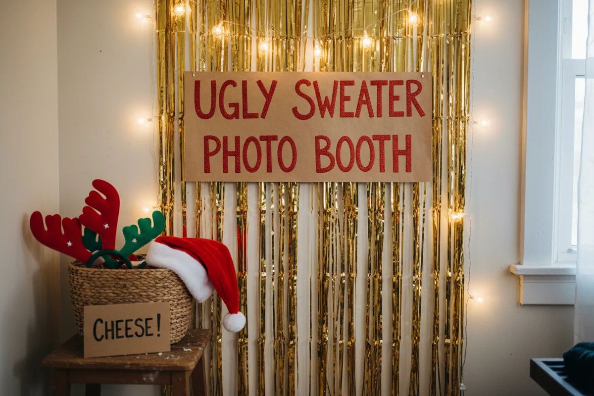A party photo booth backdrop made of silver tinsel with props like Santa hats and reindeer antlers.