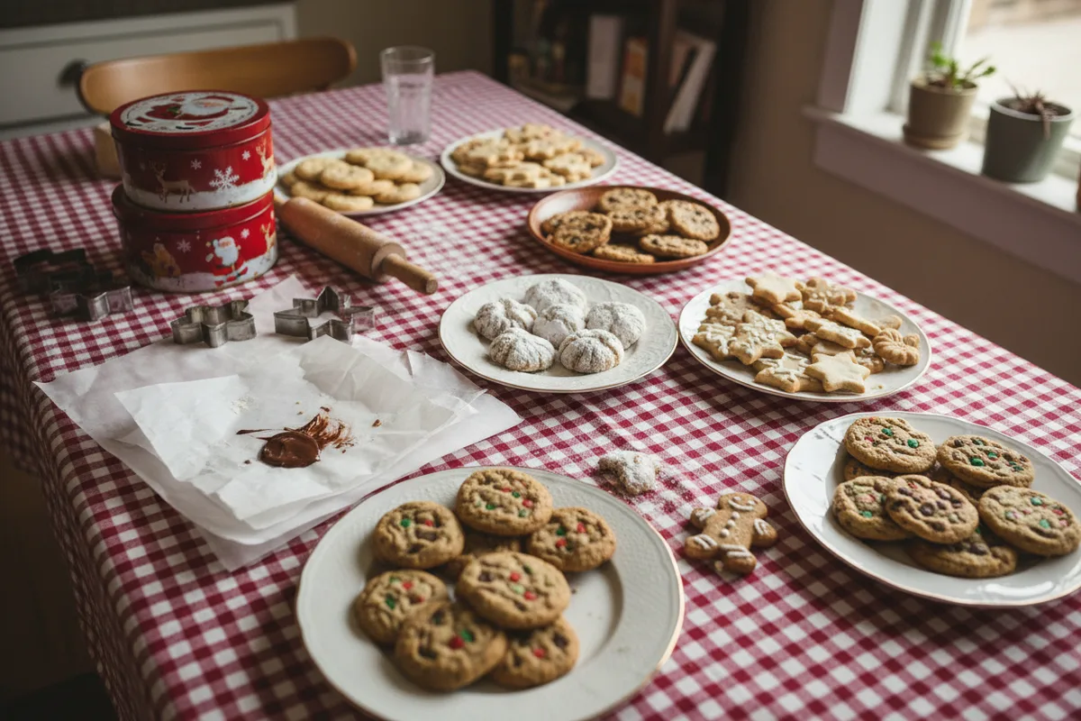 A table laden with different platters of Christmas cookies, with empty tins for guests to fill.