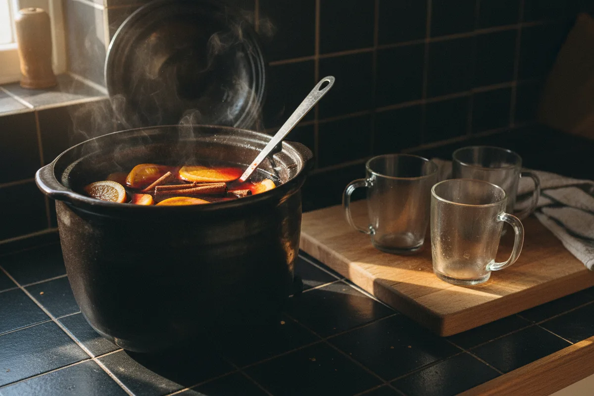 A black slow cooker filled with red mulled wine, orange slices, and cinnamon sticks.