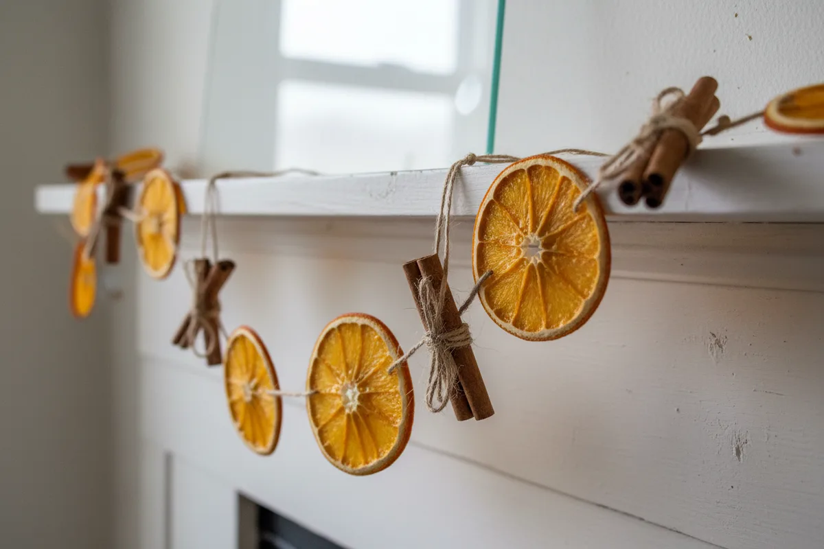 A handmade garland of dried orange slices and cinnamon sticks hanging across a white fireplace mantle.