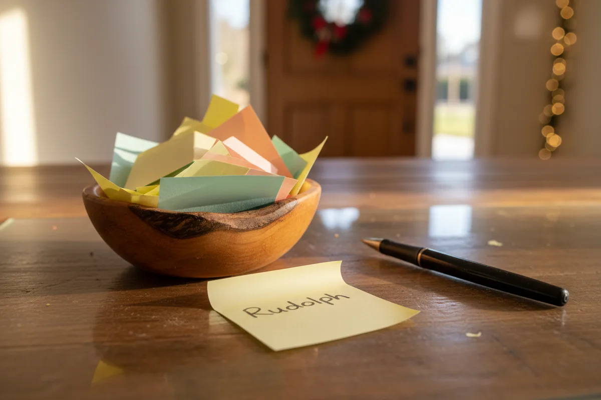 A bowl of sticky notes and pens on a table, ready for a party icebreaker game.