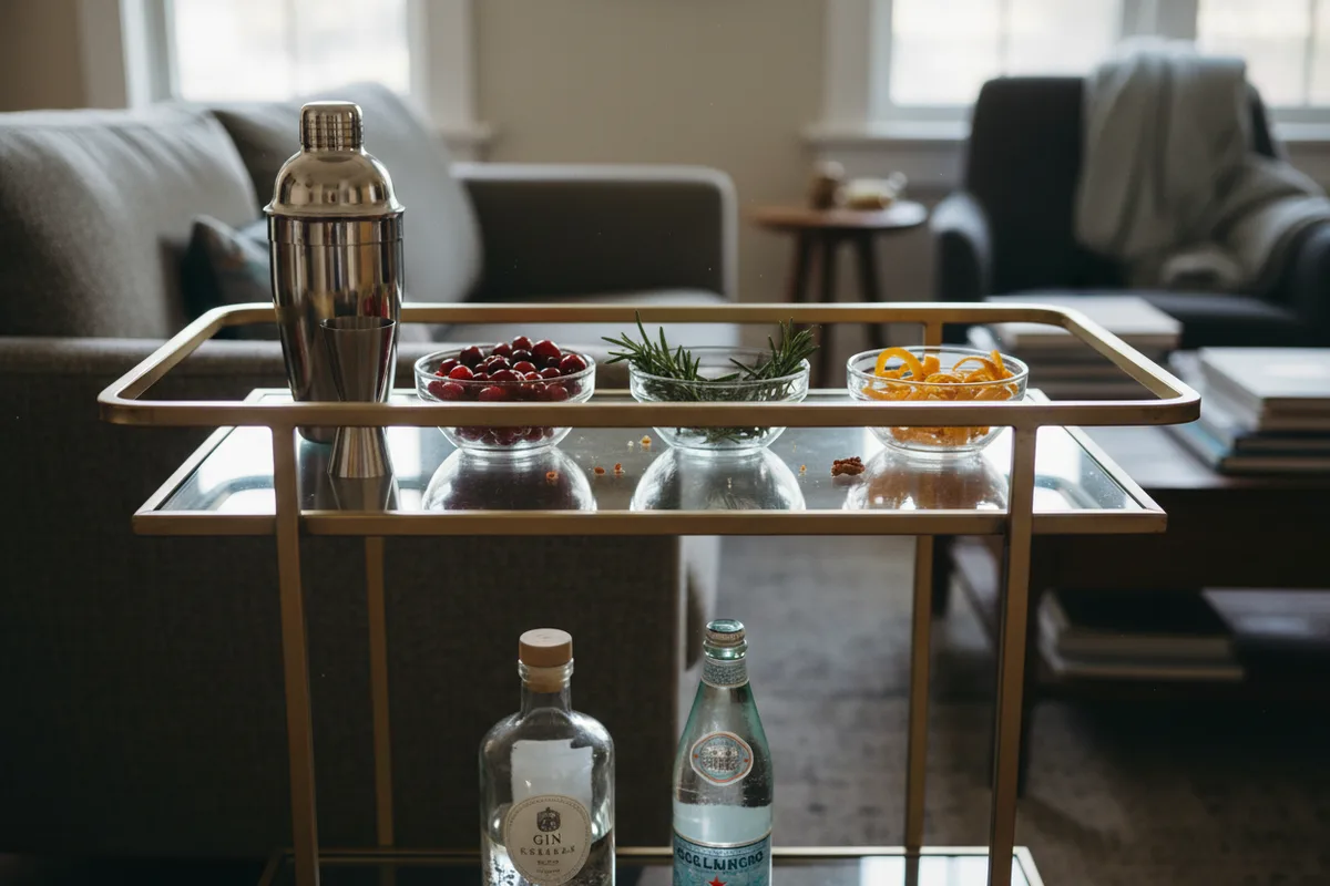 A bar cart with bowls of cocktail garnishes like rosemary sprigs, cranberries, and orange twists.