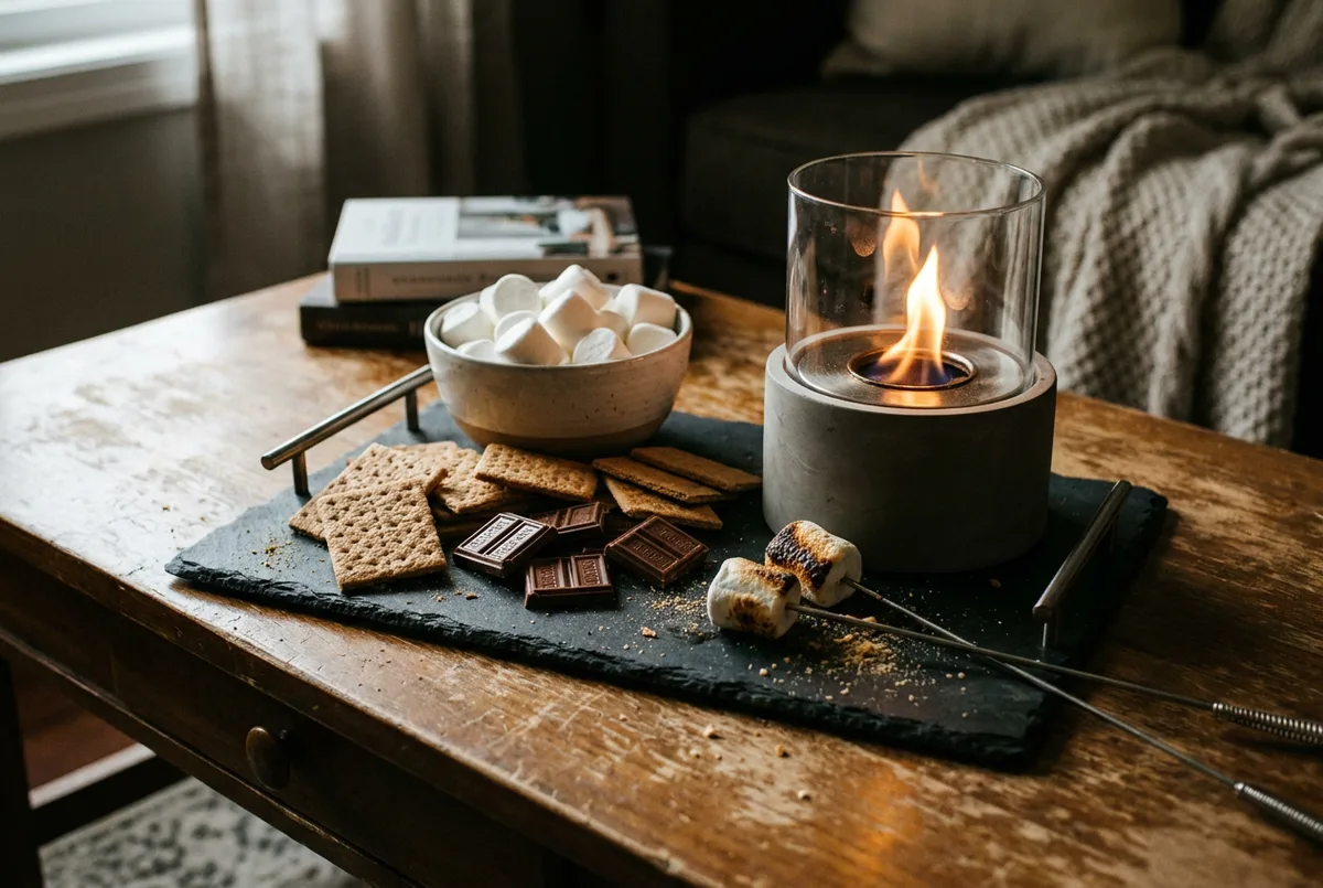 A platter with marshmallows, chocolate bars, and graham crackers next to a small tabletop fire pit.