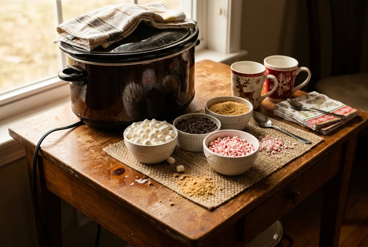 A hot cocoa bar with a slow cooker and bowls of toppings.