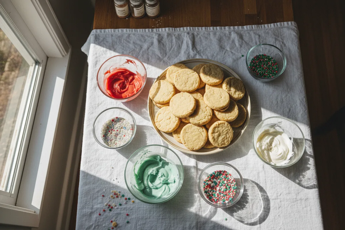 An overhead view of a cookie decorating station with cookies and icing.