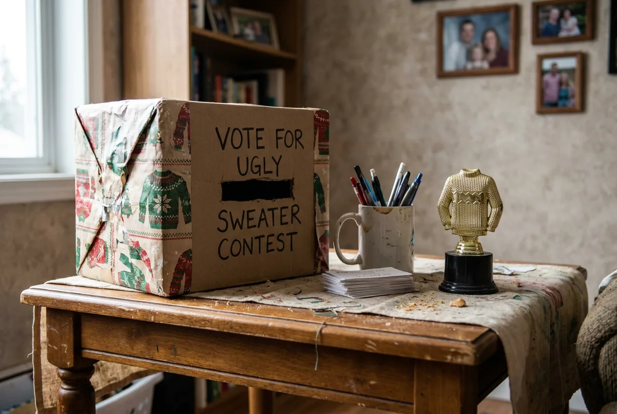 A small trophy and ballot box for an ugly sweater contest.