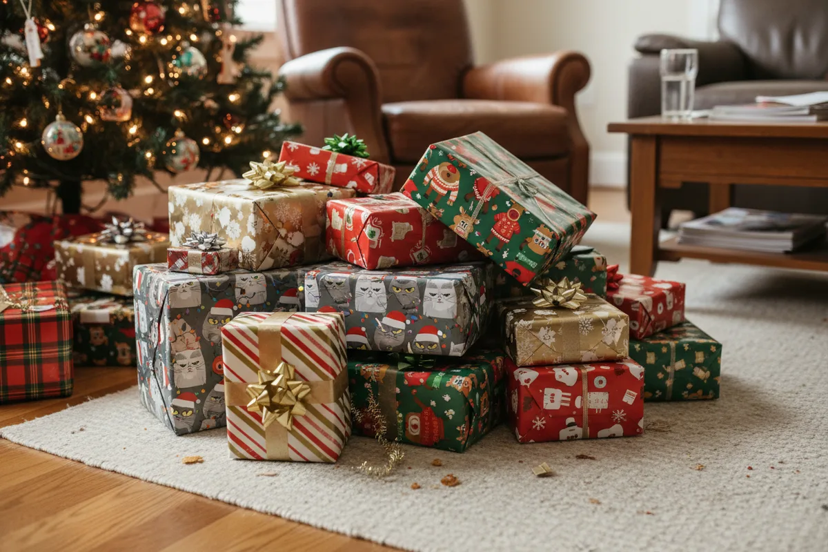A pile of wrapped gifts on the floor for a gift exchange.