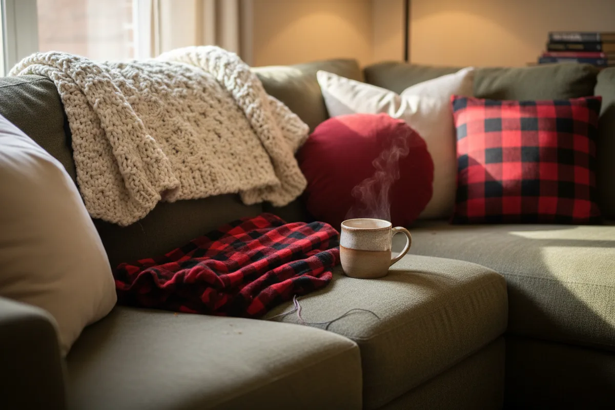 A couch with cozy blankets, pillows, and a pair of pajamas.