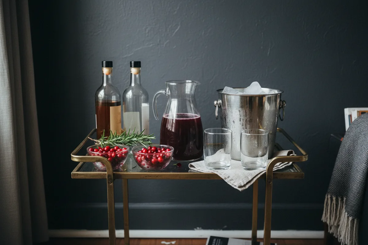 A bar cart with spirits, mixers, and garnishes for holiday drinks.