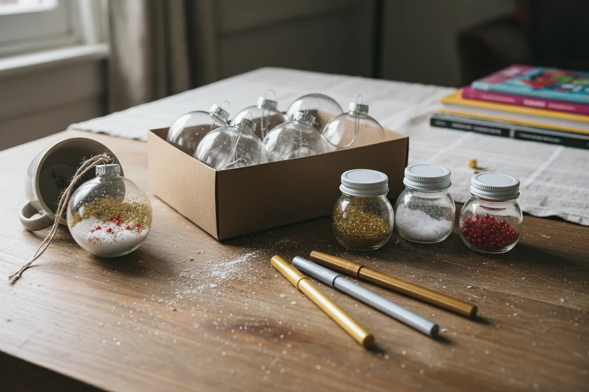 A table with clear ornaments and craft supplies for decorating.