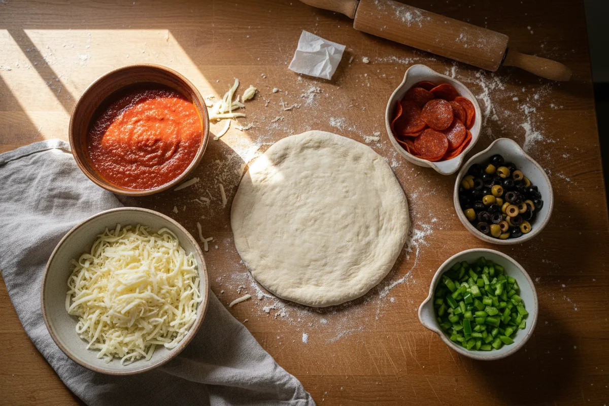An overhead view of pizza dough and bowls of toppings.