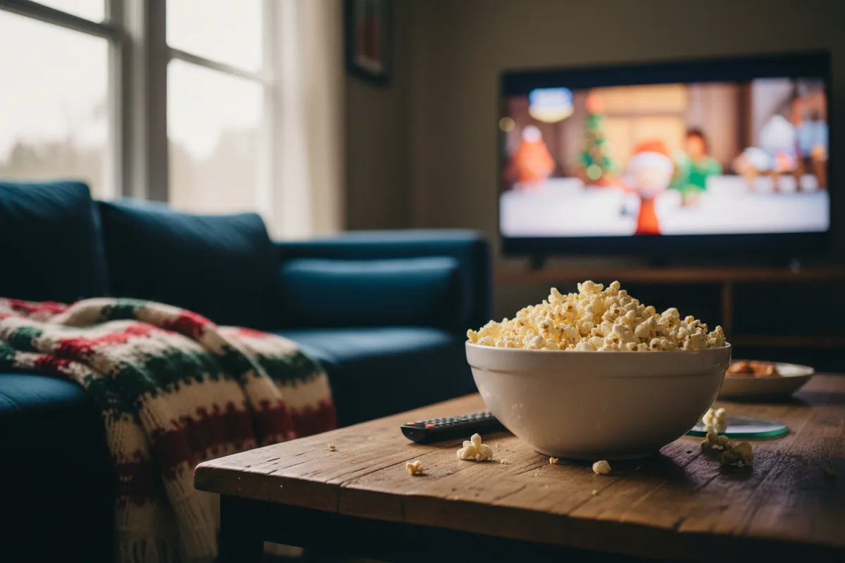 A bowl of popcorn on a coffee table in front of a TV.