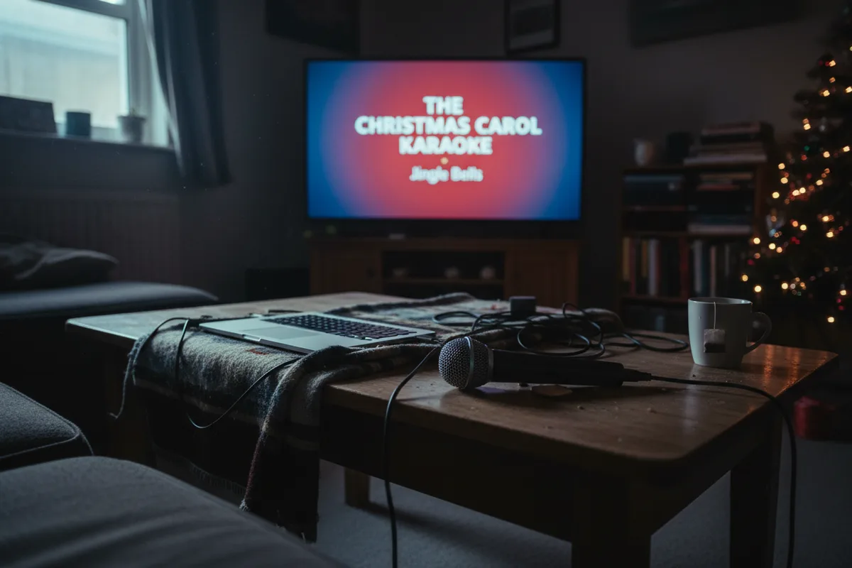 A TV with karaoke lyrics and a microphone on a table.