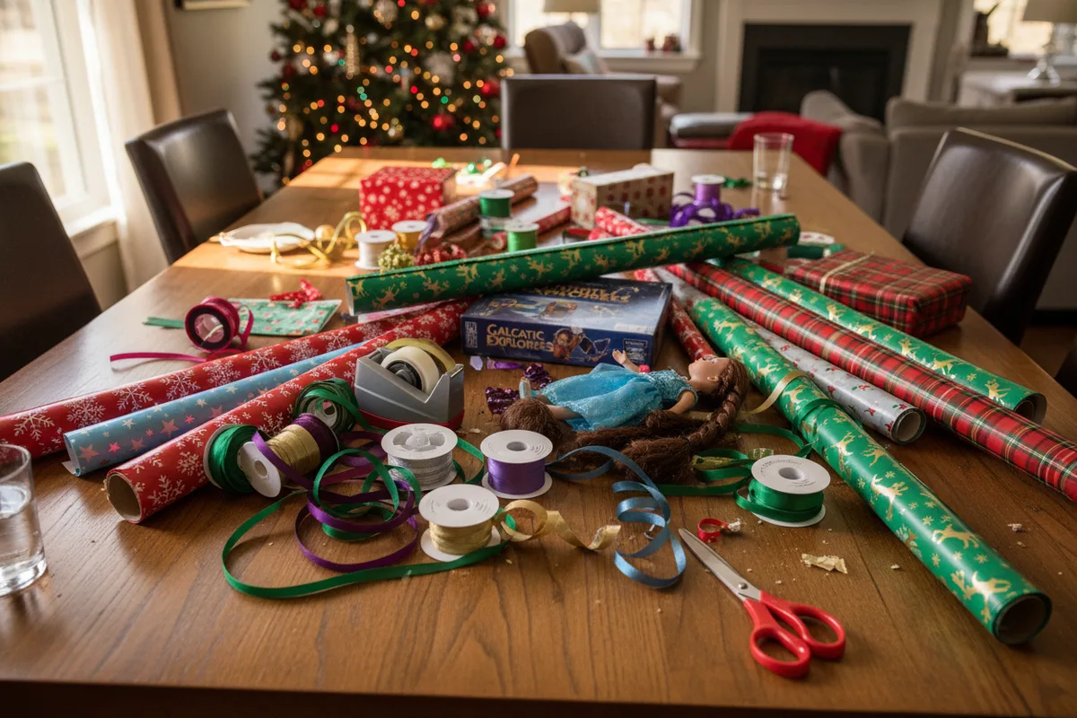A table covered with wrapping paper, ribbons, and unwrapped charity gifts.