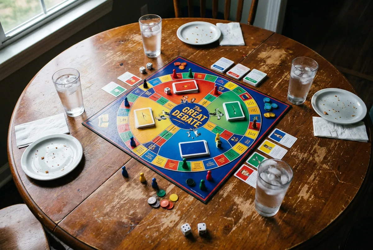 A board game set up for play on a round wooden table.