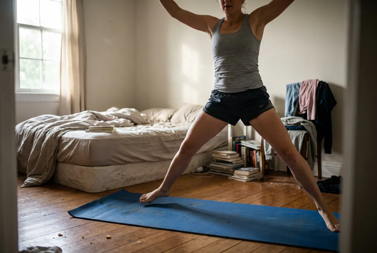 Woman in mid-air doing a jumping jack on a yoga mat in her living room, seen from the side.