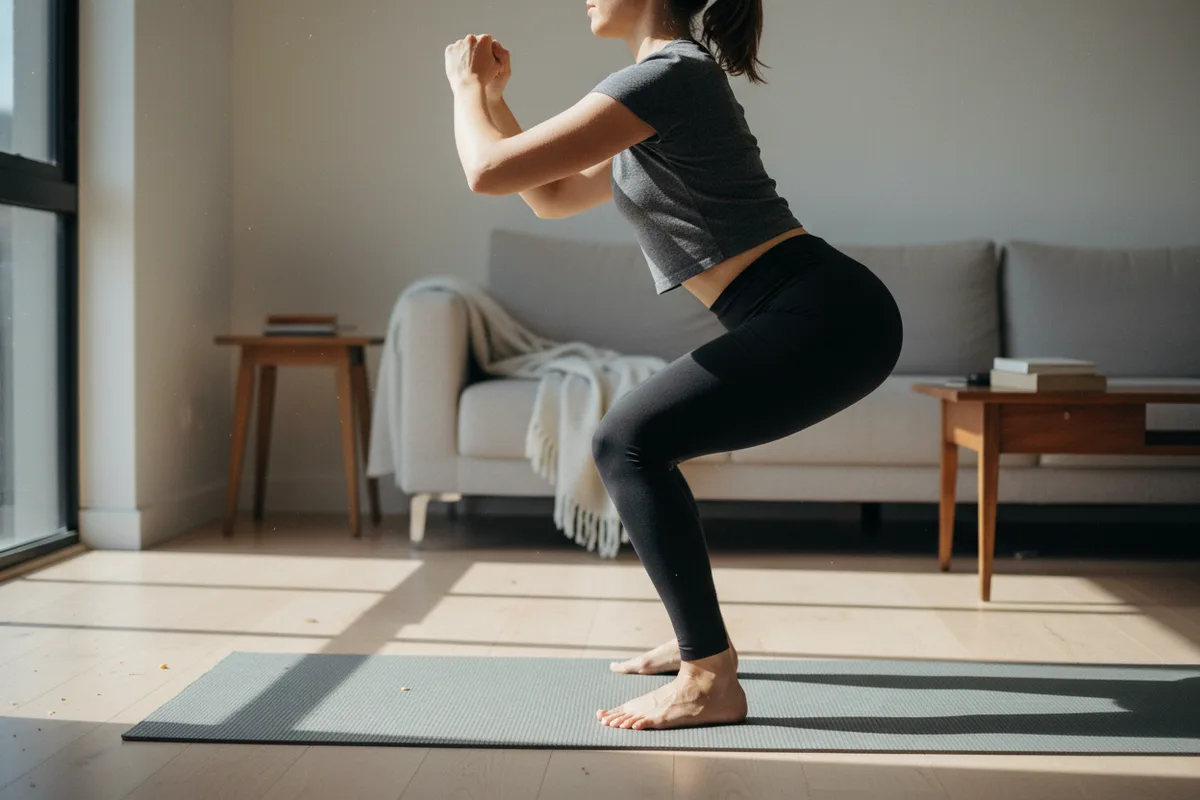Woman at the bottom of a bodyweight squat on a mat, with her side to the camera.