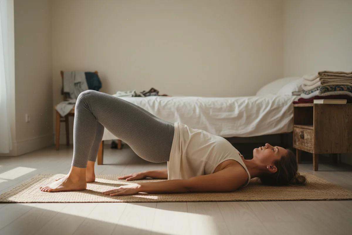 Woman with her hips raised in a glute bridge position on a yoga mat.