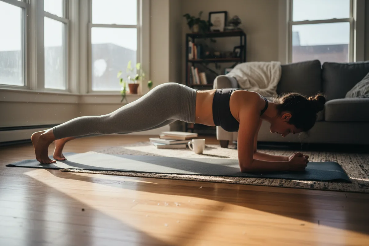 Woman holding a forearm plank on a mat, seen from the side.