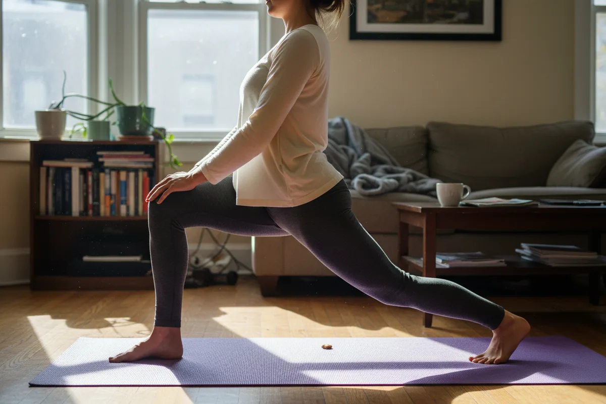 Woman in a lunge position with her front knee bent at a 90-degree angle.
