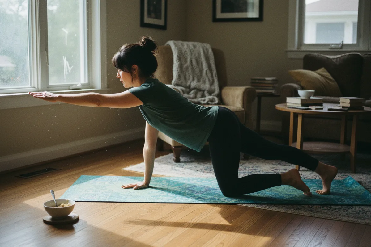 Woman on all fours extending opposite arm and leg in a bird dog exercise.