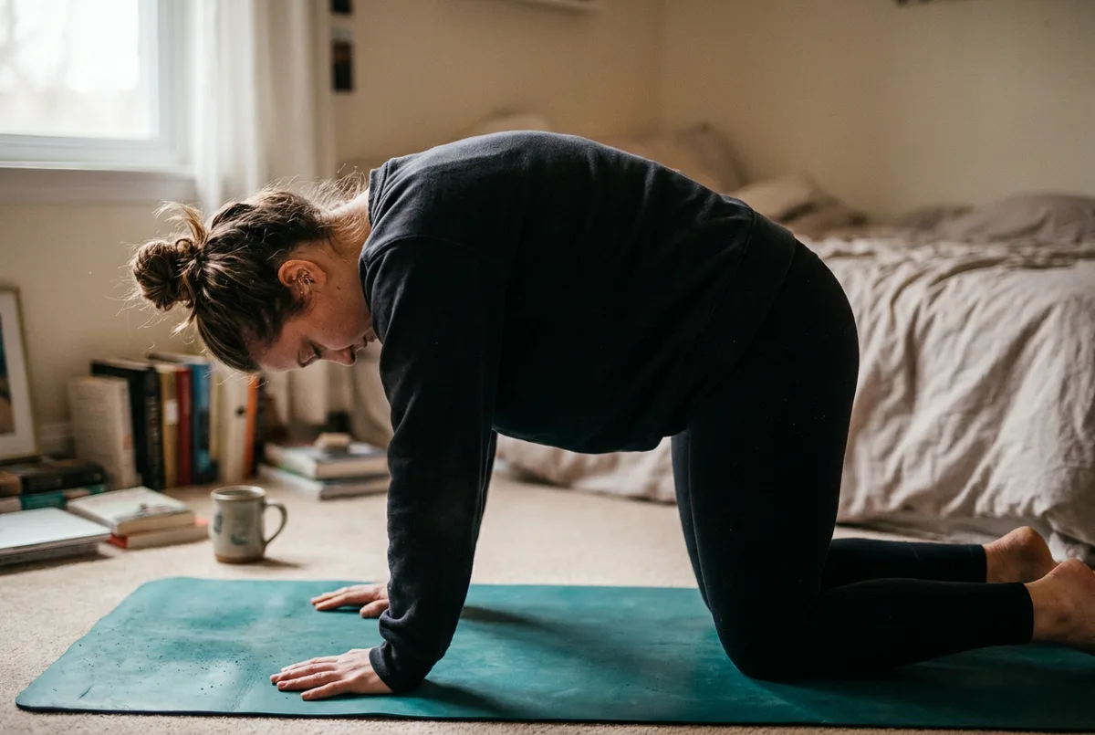 Woman on her hands and knees rounding her back in the cat pose of a cat-cow stretch.