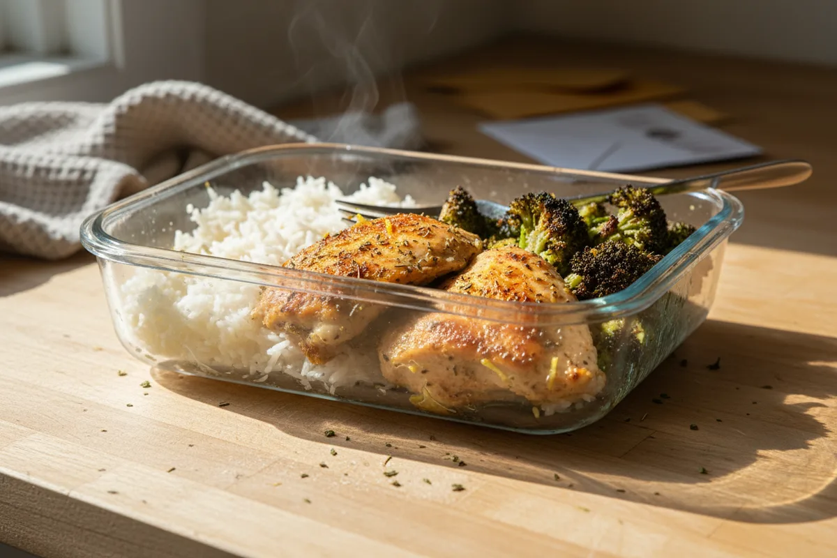 A glass meal prep container with lemon herb chicken, white rice, and broccoli.