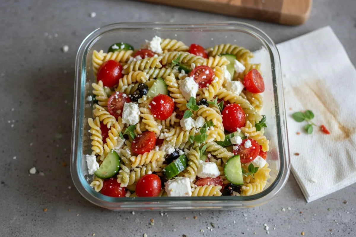 A container of Greek pasta salad with tomatoes, cucumber, and feta cheese.