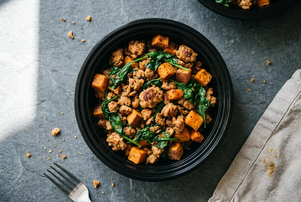 A meal prep bowl filled with ground turkey and sweet potato hash with spinach.